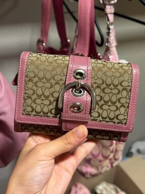 Coach Brown Signature Canvas Mini Wallet with Pink Leather Trim